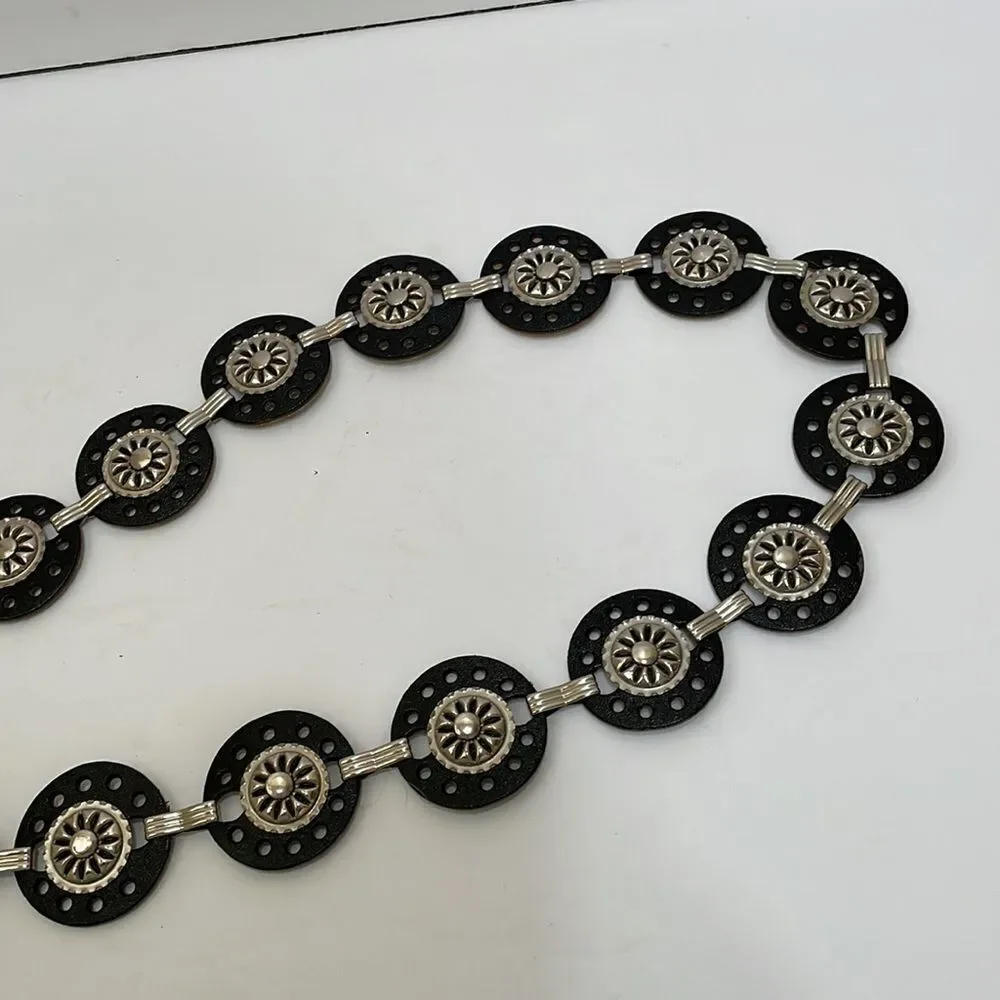 BLACK‎ FAUX LEATHER WESTERN BELT WITH SILVER MEDALLIONS